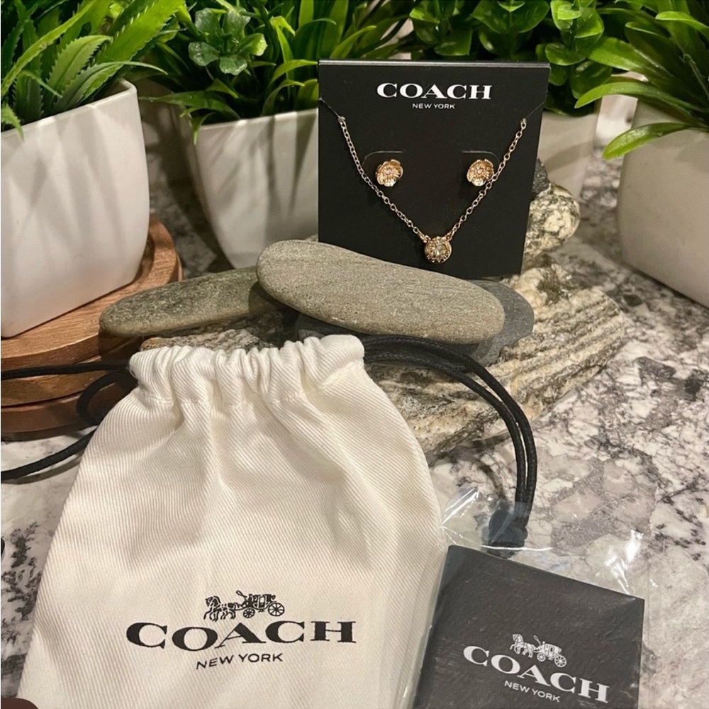 Coach open circle necklace & tea rose stud set
